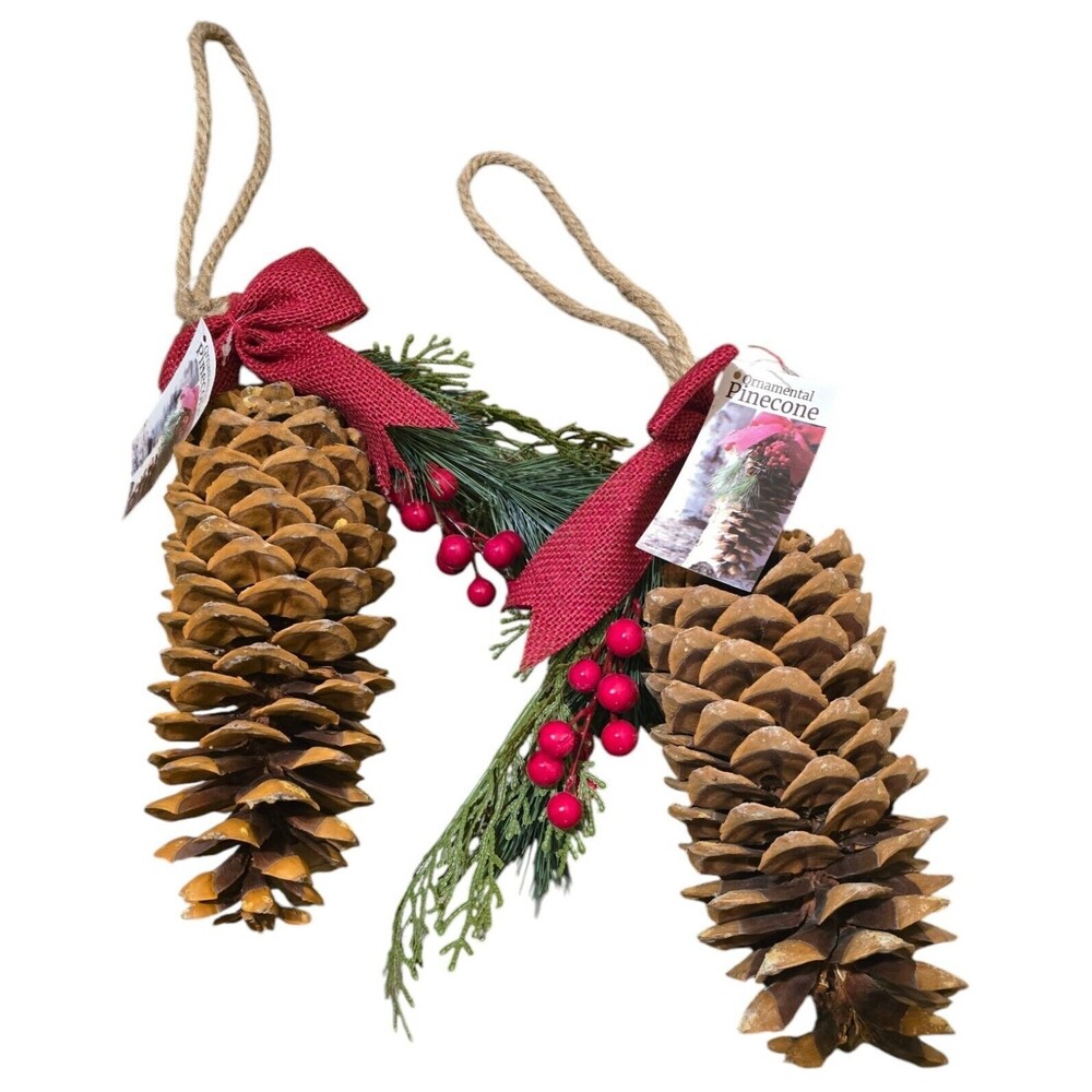 Christmas Pinecones Ornamental Red Bow Berries Hanger 8in and 10in 1 Set of 2